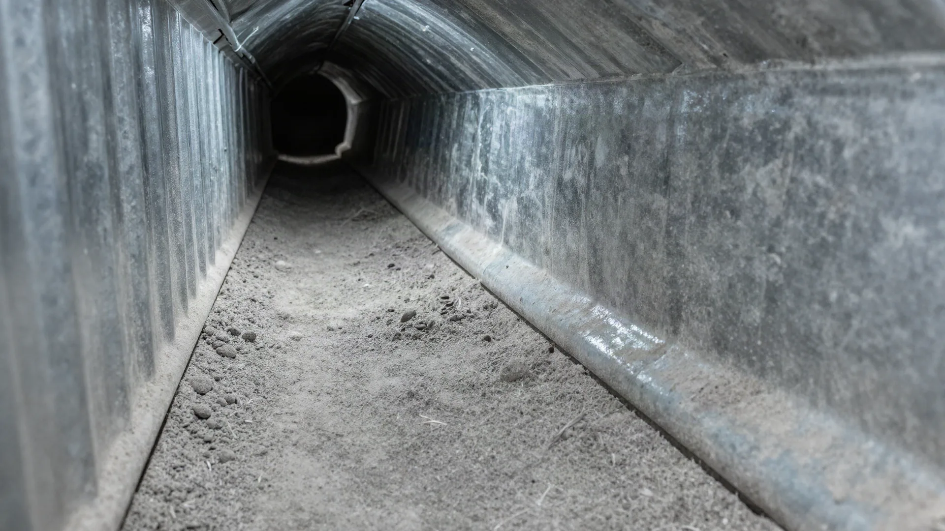 Interior of a rectangular supply duct with a thick even layer of grey dust on the walls