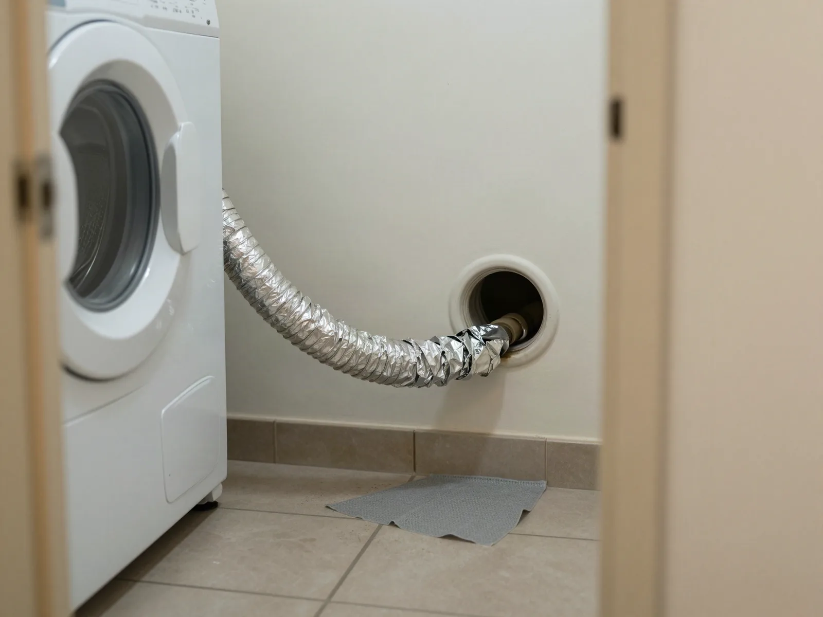 Flexible transition hose behind a dryer, crushed against the wall