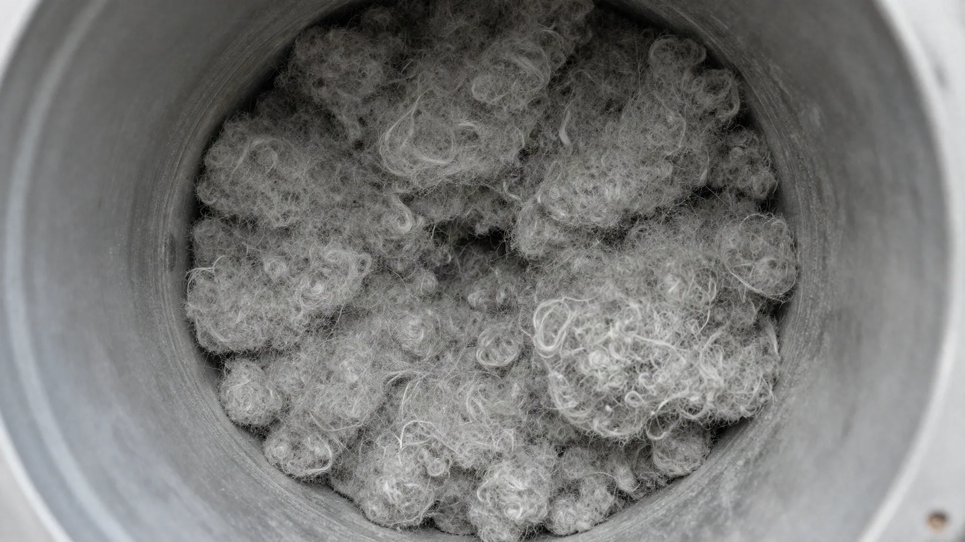 Inside a dryer vent line packed with grey lint at a bend