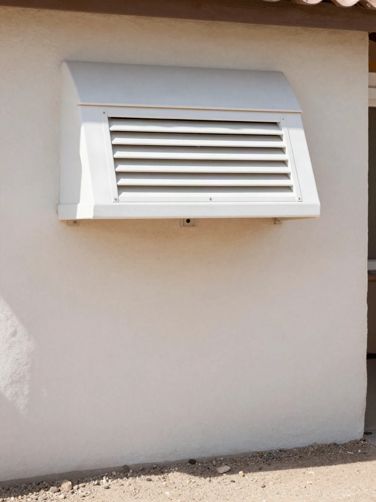Exterior dryer vent hood on a stucco wall with its damper open