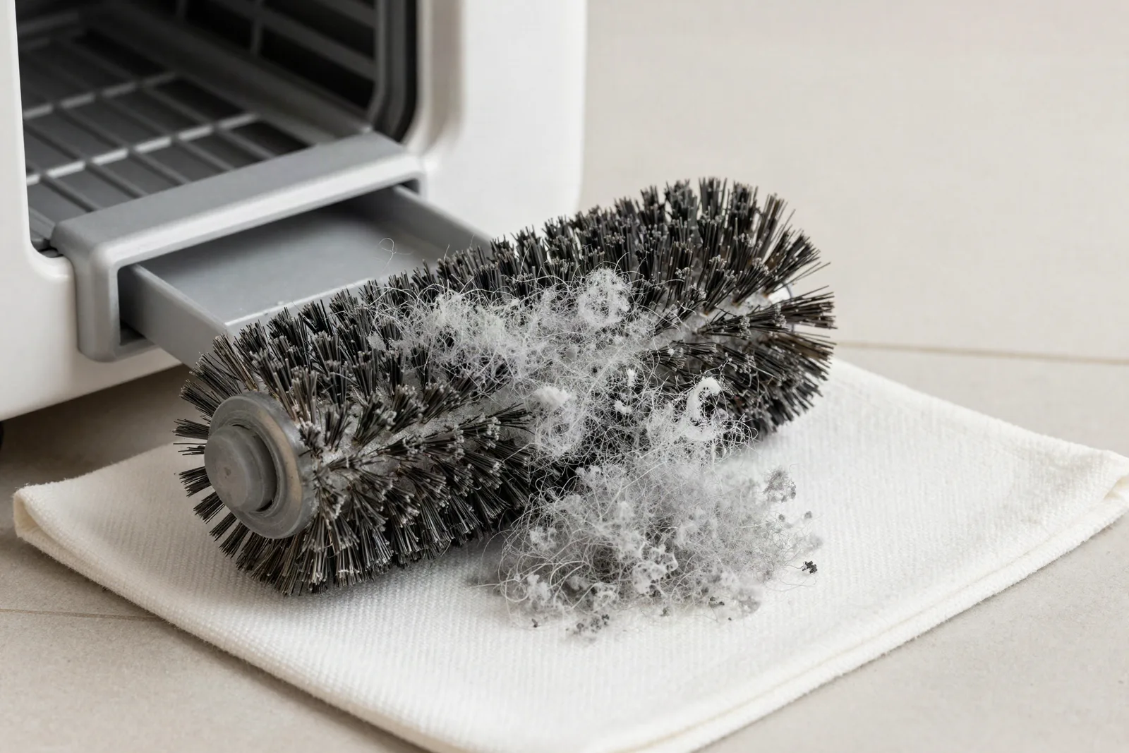 Flexible dryer vent line pulled away from a laundry wall with lint visible inside