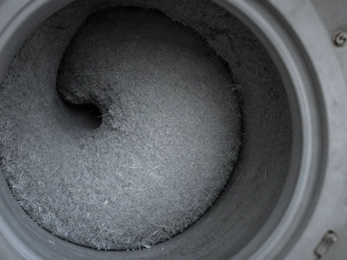 Lint packed inside a dryer vent line at an elbow