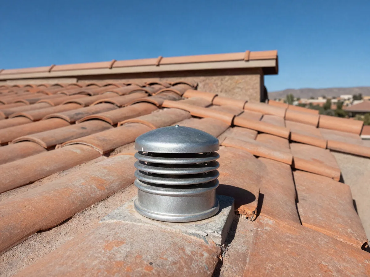 Dryer vent termination on a tiled roof with the cap lifted