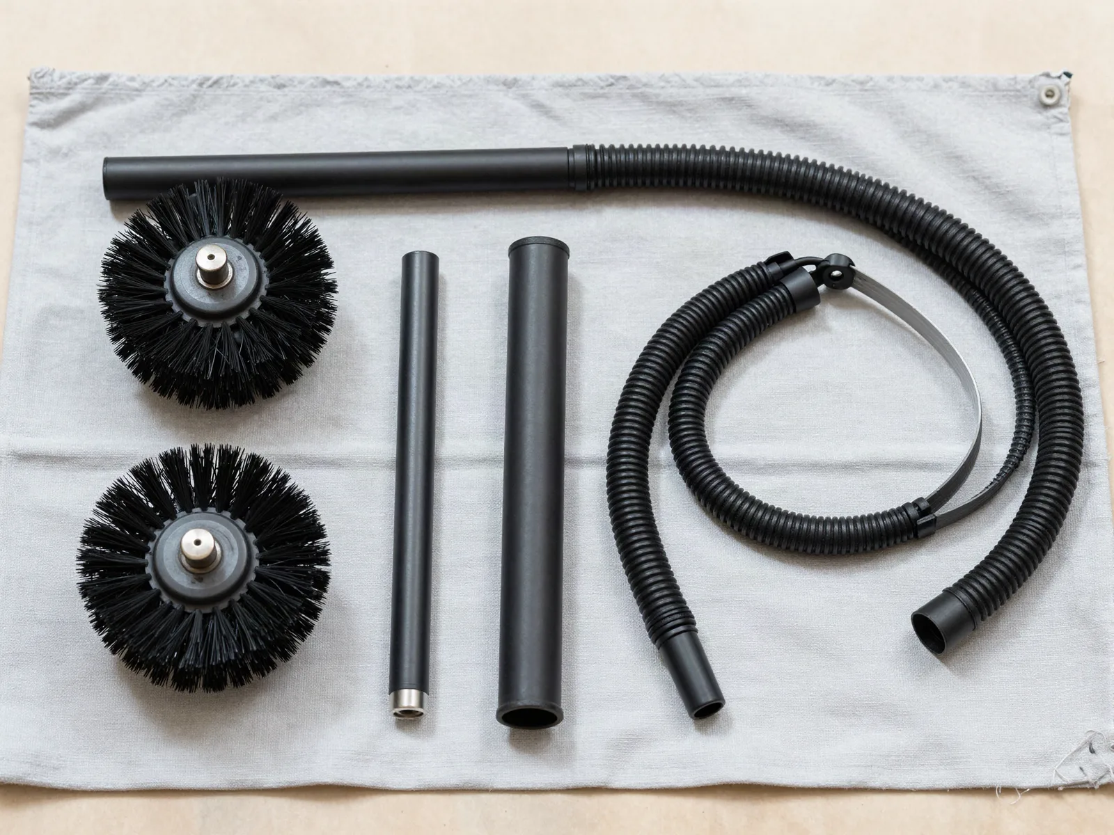 Rotary brush heads and a collection hose laid out on a work cloth