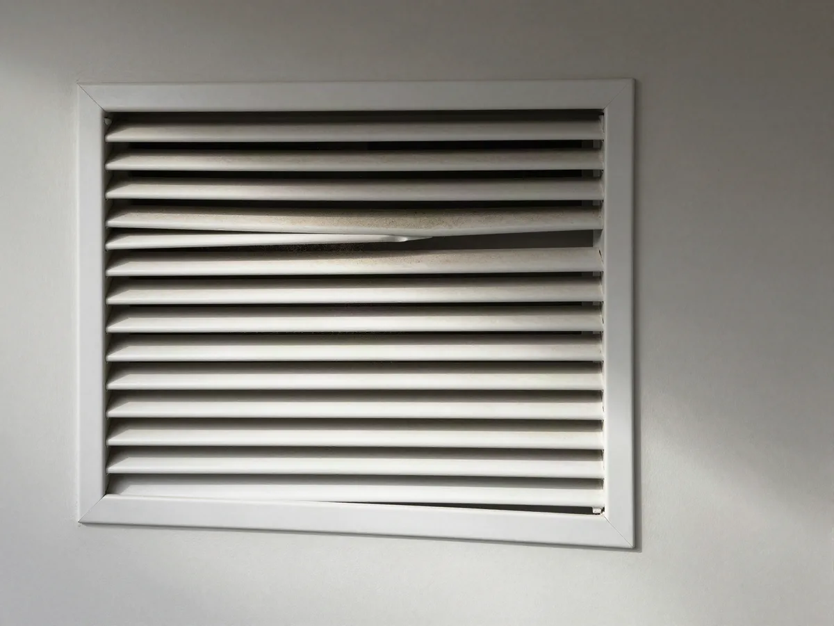 Return air grille in a wall with fine dust caught along the louvres