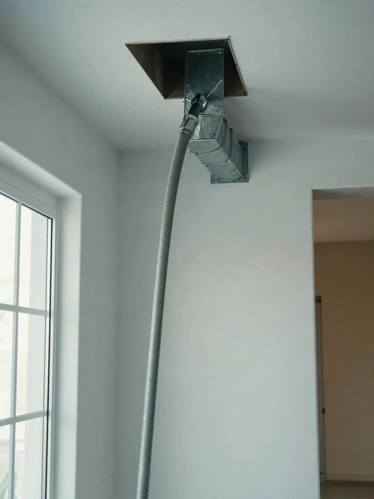 Cleaning line feeding into an open supply duct in a home hallway