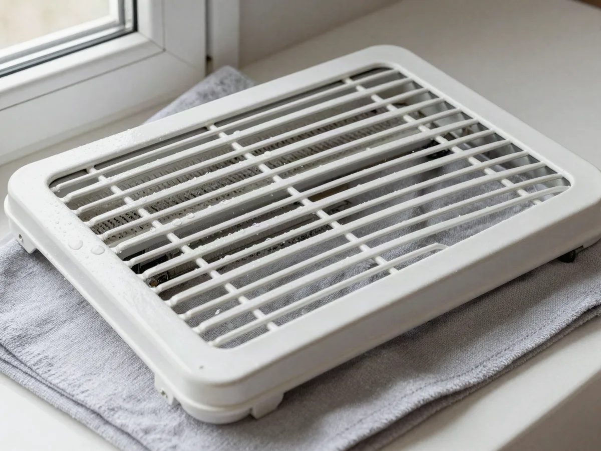 Air register grille after washing, laid on a cloth beside its screws